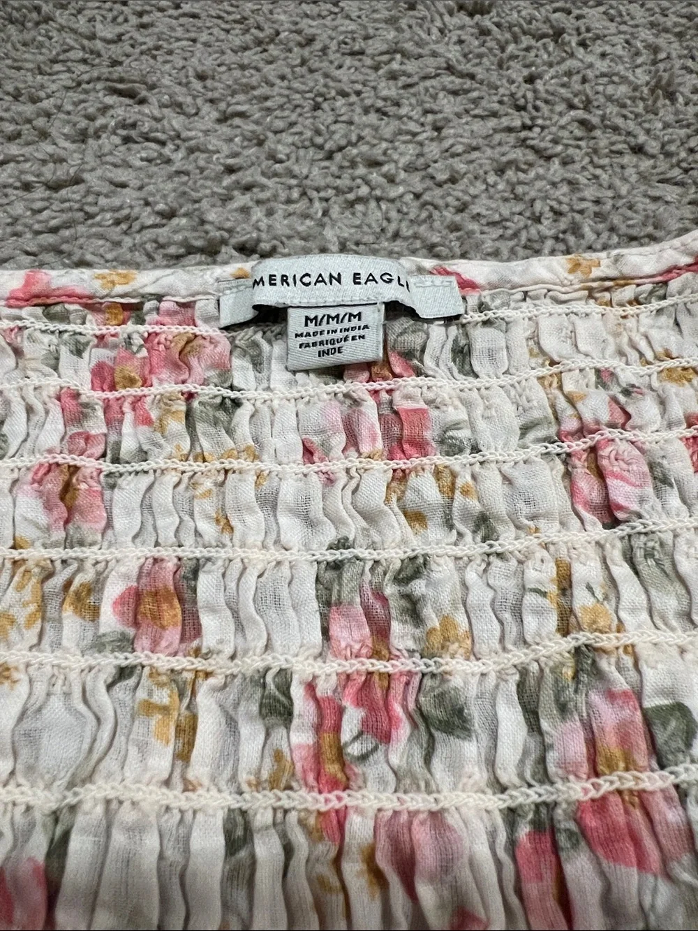 American Eagle Outfitters White Floral Print Smocked V-Neck Peplum Top M - Picture 2 of 7